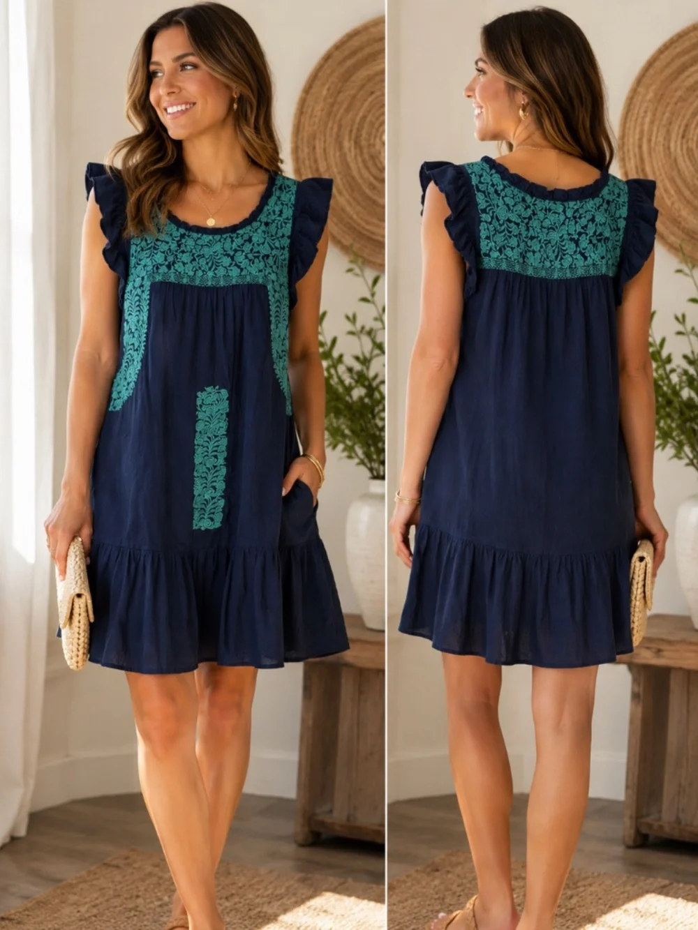 J. Marie Embroidered Ruffle Sleeve Dress Medium Navy Blue Boho Linen Blend
